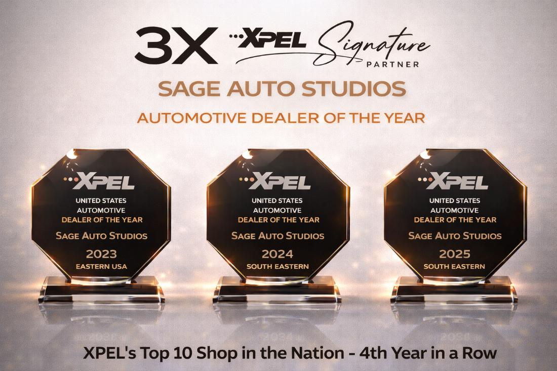 Sage Auto Studios: 3x XPEL Automotive Dealer of the Year (2023, 2024, 2025) and an XPEL Top 10 shop in the nation, 4th year in a row